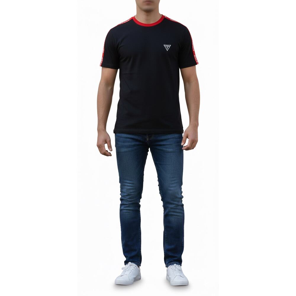 GUESS Mens T-Shirt XL Black Red Logo Tape Trim Short Sleeve Tee Shirt Top Casual